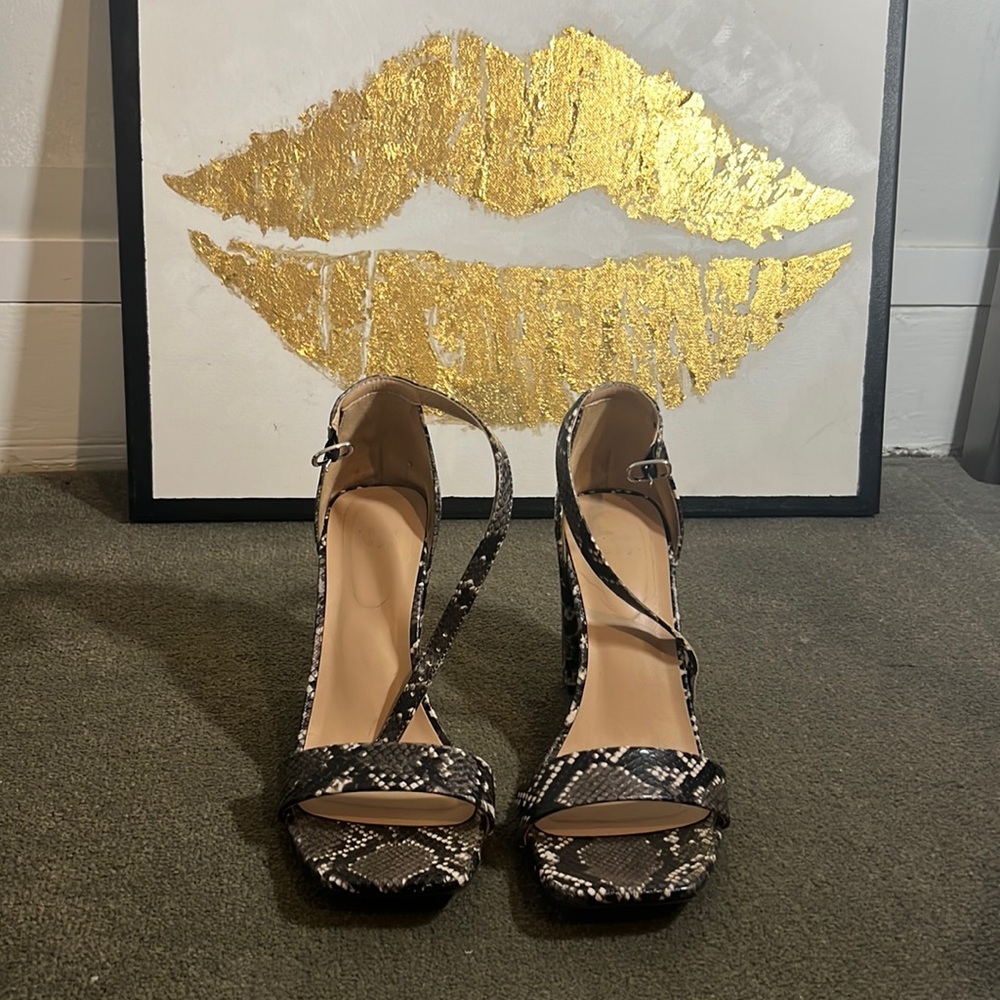 Grey white and black snake skin sandals with block heel